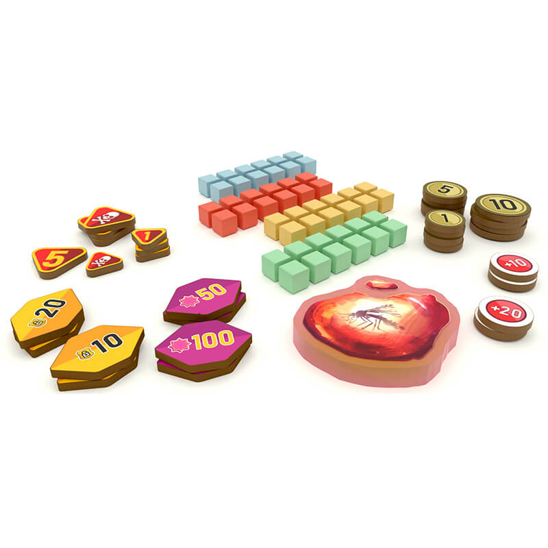 dinosaur world from pandasaurus games tokens and cubes