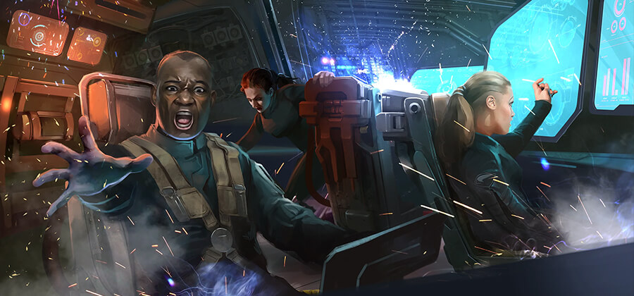 illustration of the cockpit of a spacecraft with sparks flying out of the consoles as the crew looks panicked
