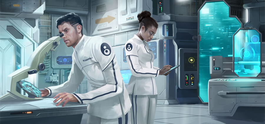 illustration of two scientists doing research in a futuristic laboratory