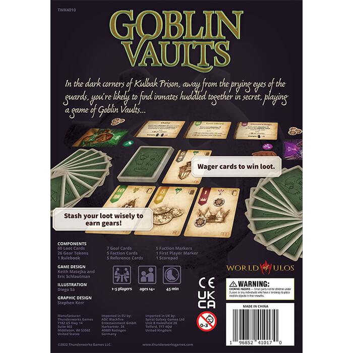 box back of the Goblin Vaults board game from Thunderworks Games